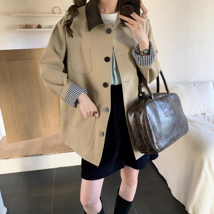 Women Lightweight Oversized Transition Jacket with Contrast Collar and Checkered Sleeve Hem Mune Fashion