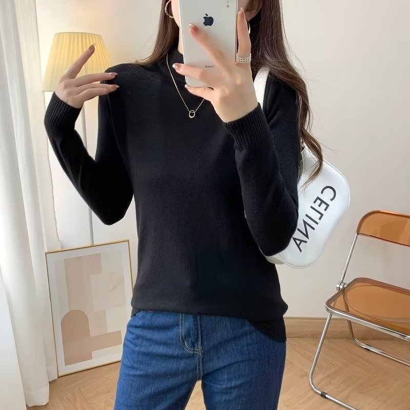 Ladies Fine Long Sleeve Fine Knit Sweater with Narrow Stand-Up Collar and Ribbed Cuffs Mune Fashion