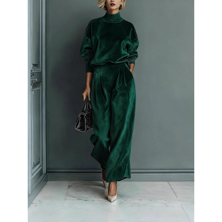 Women's Two-Piece Velvet Loungewear Set with Stand Collar and Pleated Palazzo Pants Mune Fashion