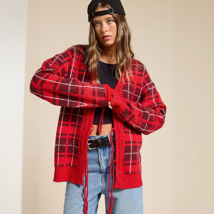 Women's Oversize Checkered Knitted Cardigan with Tie Belt & Patch Pockets Mune Fashion