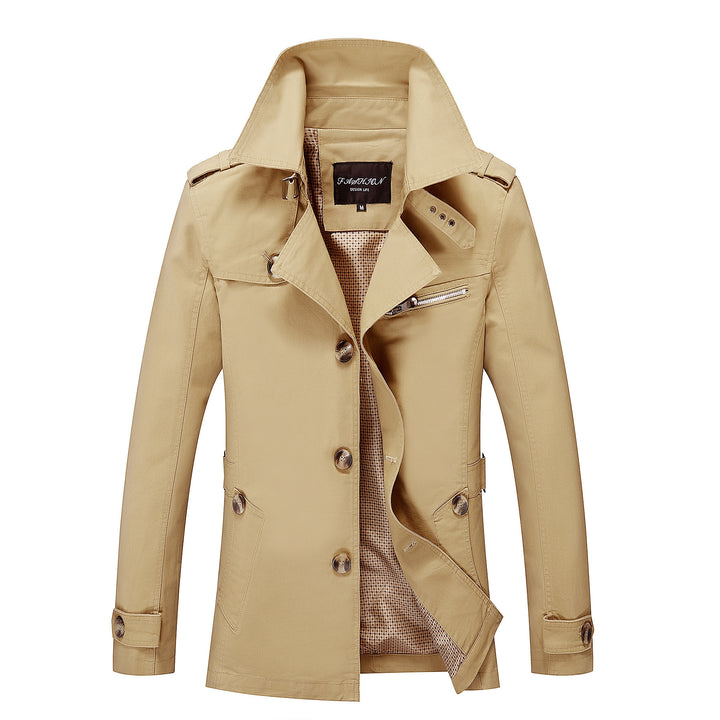 Men's mid-length canvas field parka with stand-up collar, shoulder epaulettes, and utility pockets.