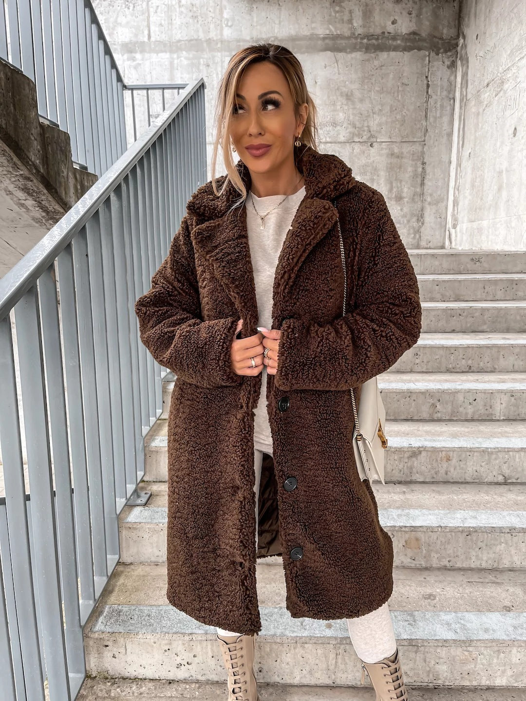 Women's Long Teddy Faux-Shearling Button-Front Coat with Notch Collar Mune Fashion
