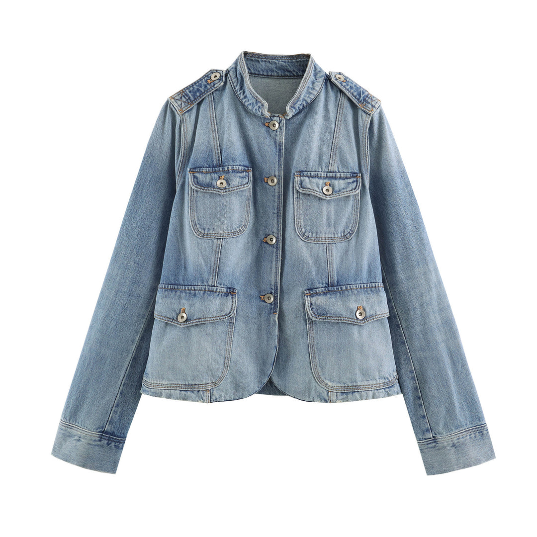 Women's lightweight denim jacket with stand-up collar, shoulder flaps, and four flap pockets Mune Fashion