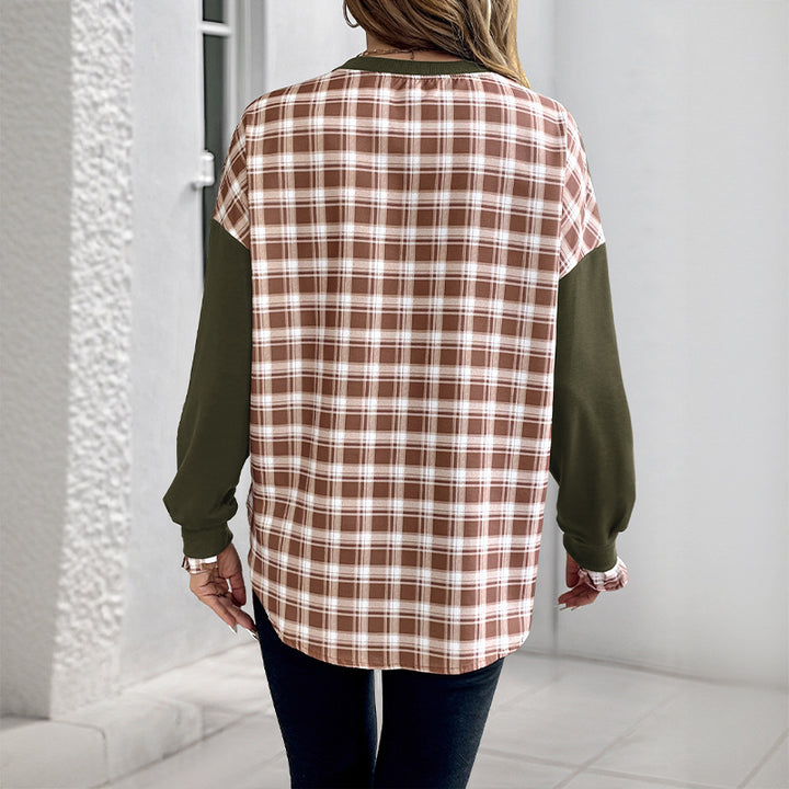 Women's Casual Round Neck Sweatshirt with Check Pattern Inserts and Gathered Cuffs Mune Fashion