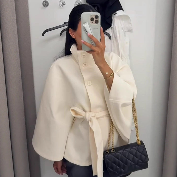 Women Elegant Wool Cape with Waist Belt, Standing Collar and Concealed Button Placket Mune Fashion