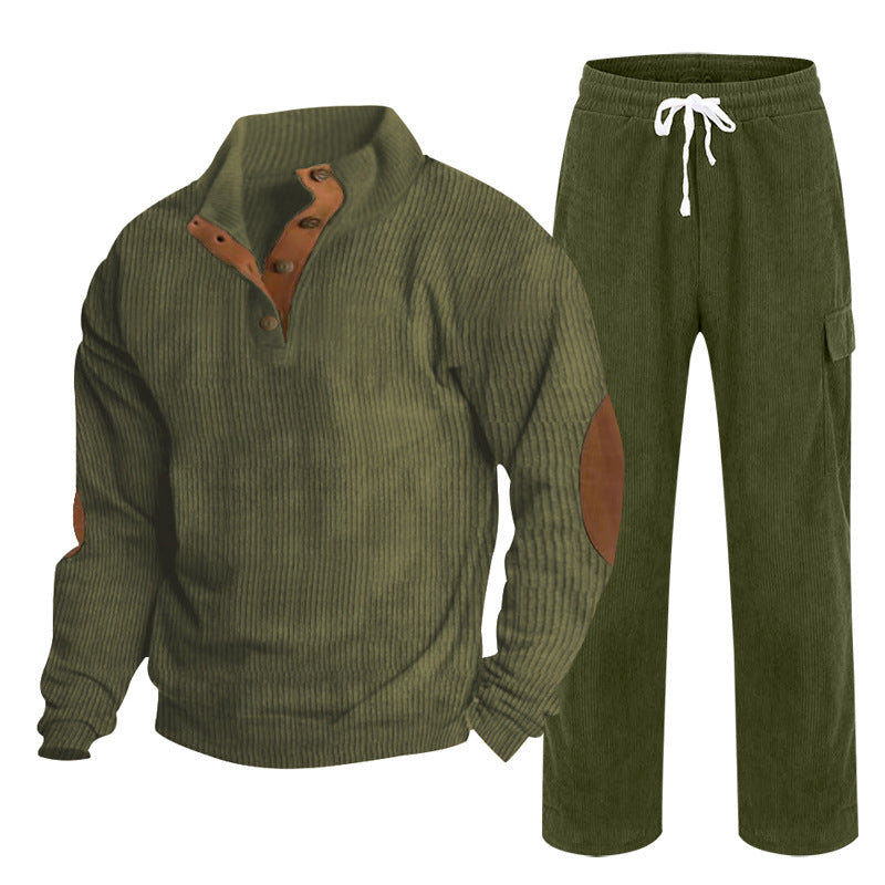 Men's Cozy Leisure Set made of Waffle Knit Henley with Elbow Patch and Relax Cargo Pants Mune Fashion