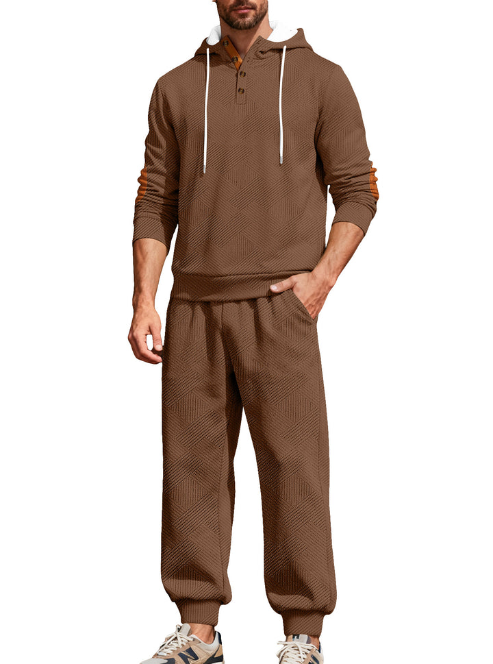 Men's textured hoodie jogging set with Henley button placket and contrast elbow patches Mune Fashion