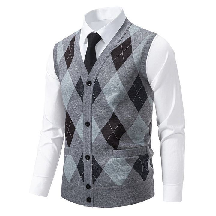 Men's fine-knit vest with V-neck, button placket and diamond pattern Mune Fashion