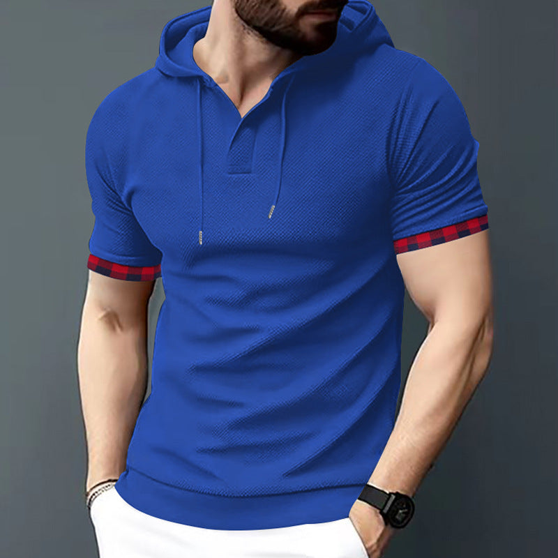 Men's fitted short sleeve hooded polo shirt with Henley placket and drawstring Mune Fashion