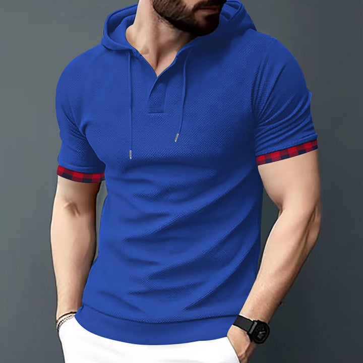 Men's fitted short sleeve hooded polo shirt with Henley placket and drawstring Mune Fashion