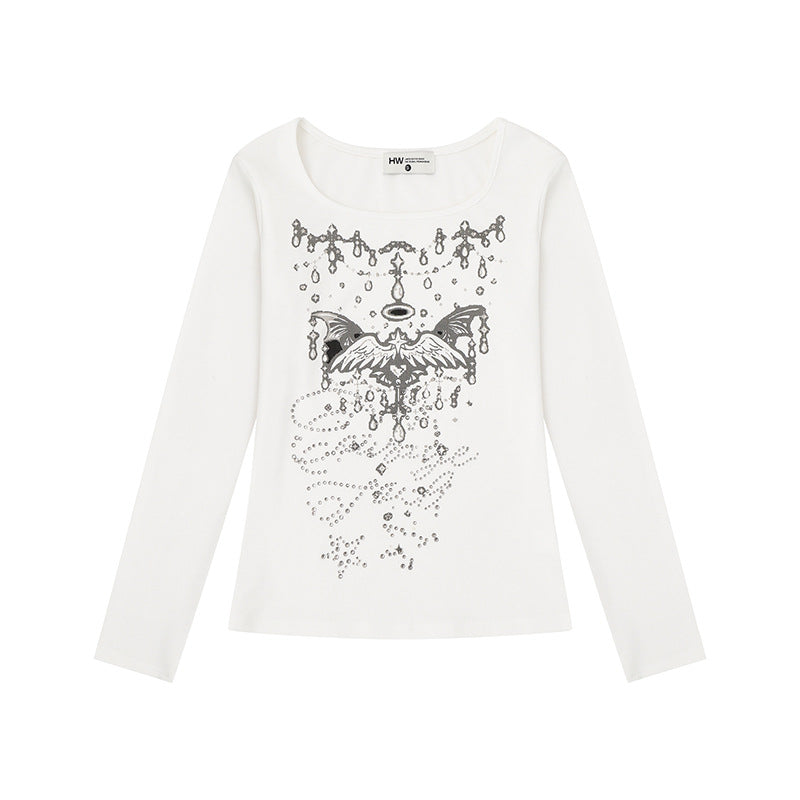 Women's long-sleeve shirt with round neckline, rhinestone print and angel motif Mune Fashion
