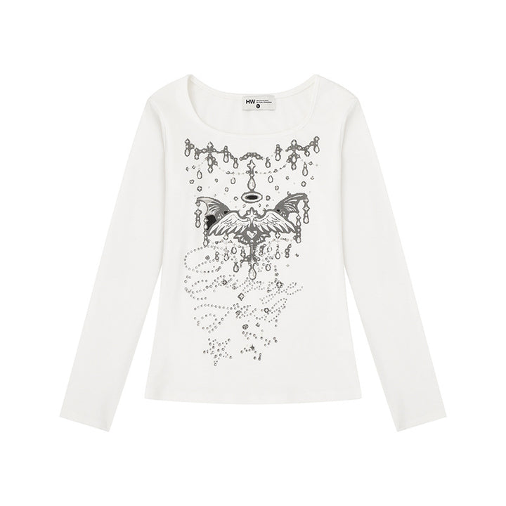 Women's long-sleeve shirt with round neckline, rhinestone print and angel motif Mune Fashion