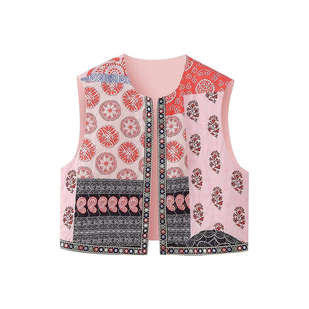 Women's sleeveless short vest with patchwork print, decorative trim and round neckline Mune Fashion