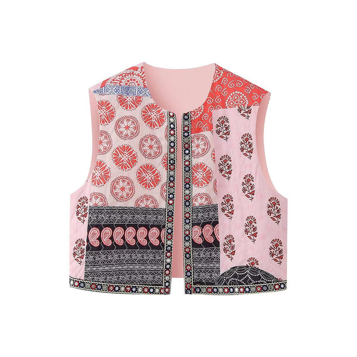 Women's sleeveless short vest with patchwork print, decorative trim and round neckline Mune Fashion