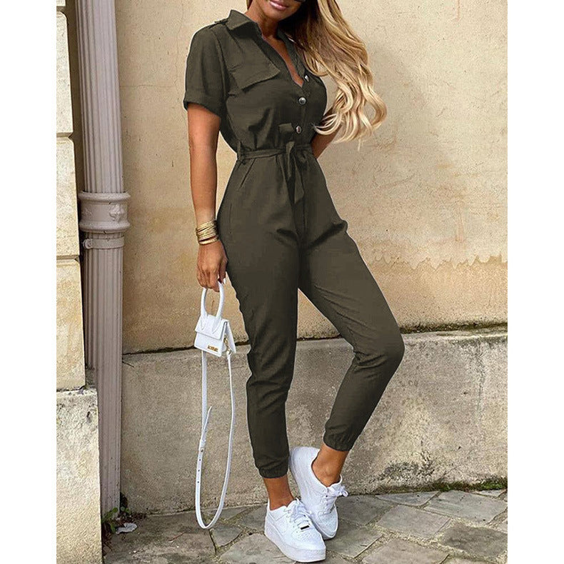 Women Short Sleeve Utility Overall with Waist Tie Belt and Slim Jogger Legs Mune Fashion
