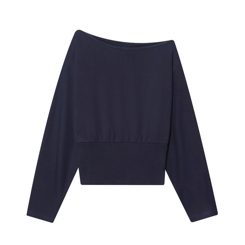 Women's Off-Shoulder Cropped Sweatshirt with Wide Boat Neck and Waistband Mune Fashion