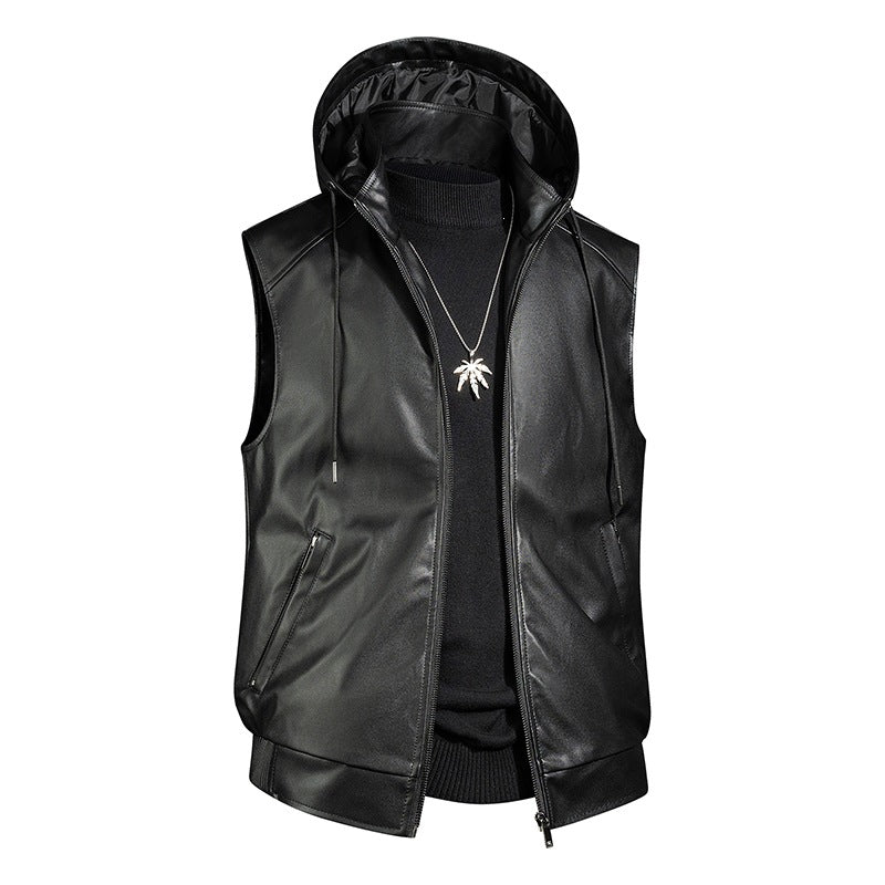 Men's Fashion Faux Leather Hooded Vest Mune Fashion