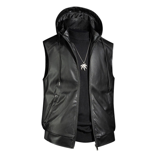 Men's Fashion Faux Leather Hooded Vest Mune Fashion