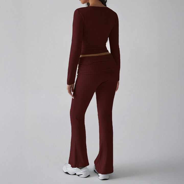 Women's figure-hugging cropped set with long-sleeve top with square neckline and flared high-waist yoga pants Mune Fashion