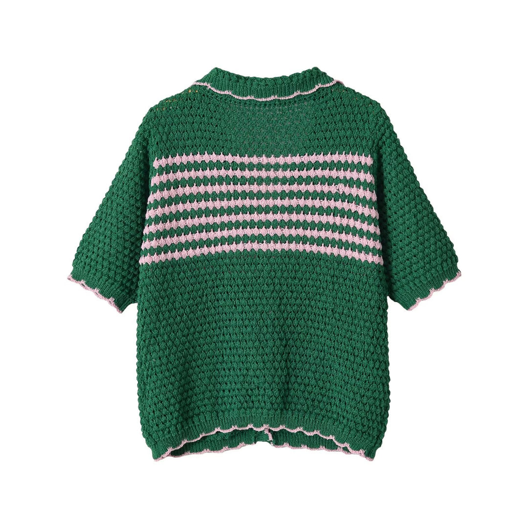 Women Short Crocheted Cardigan with Ruffled Collar and Contrast Stripes Mune Fashion