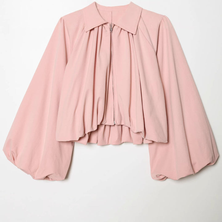Women's fitted cape jacket with gathered front, zipper, and balloon-shaped sleeves Mune Fashion