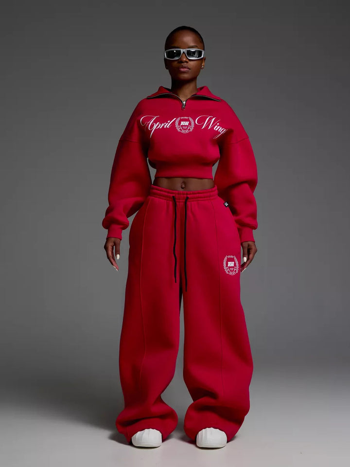 Women Cropped Half-zip Sweatshirt with Wide High-Waist Lounge Pants Set Mune Fashion