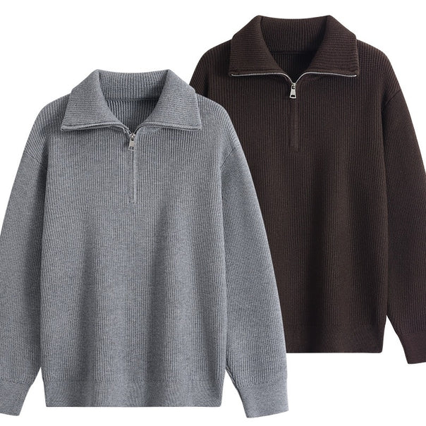 Men's Half-Zip Knit Sweater with Ribbed Texture and Large Turn-Down Collar Mune Fashion