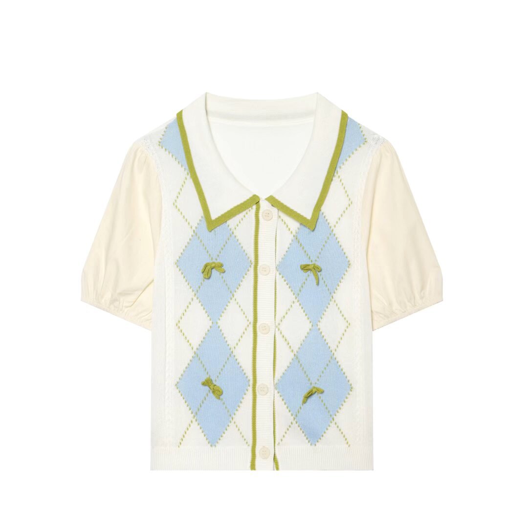 Women's Short Sleeve Sweater Jacket with Argyle Knit Front, Peter Pan Collar and Puff Sleeves Mune Fashion