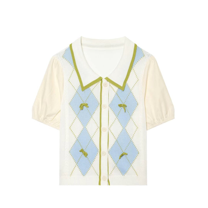 Women's Short Sleeve Sweater Jacket with Argyle Knit Front, Peter Pan Collar and Puff Sleeves Mune Fashion