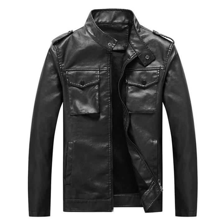 Men's slim artificial leather field blazer with stand-up collar, chest flap pockets, and zipper Mune Fashion