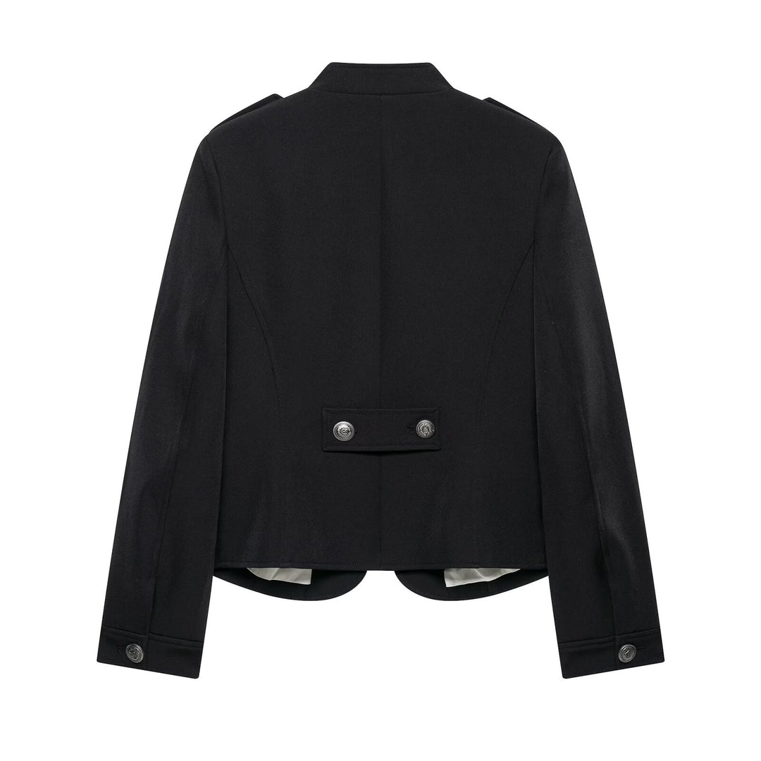 Women Tailored Military Short Jacket with Stand-Up Collar and Double Row Mune Fashion