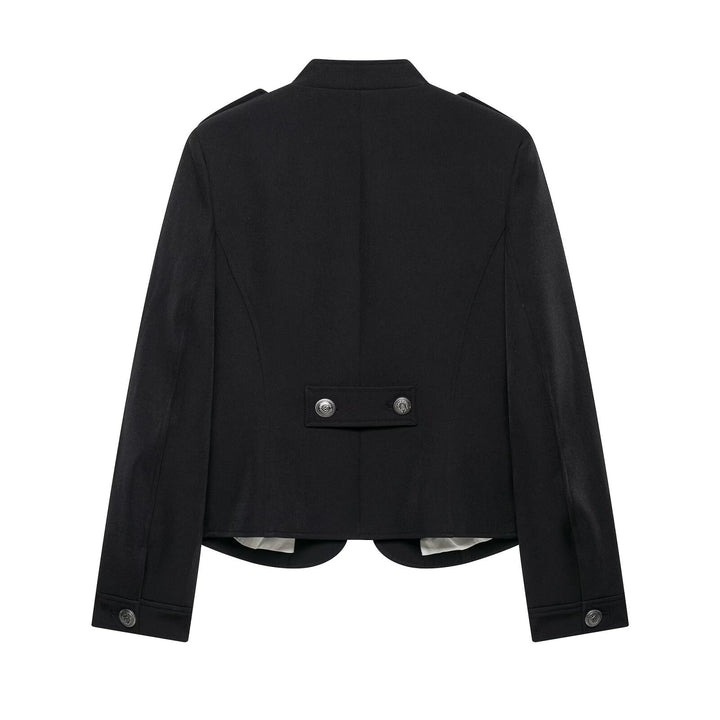 Women Tailored Military Short Jacket with Stand-Up Collar and Double Row Mune Fashion