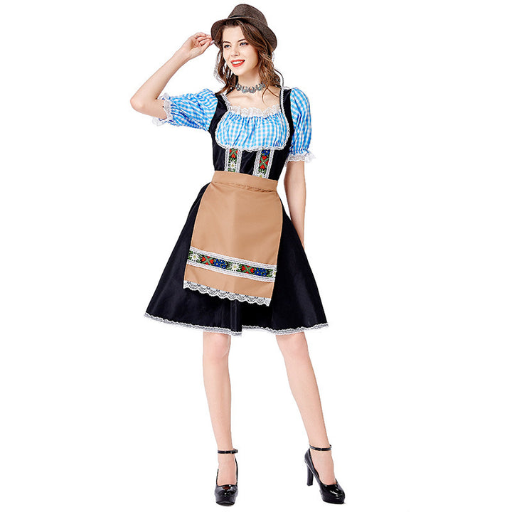 Women’s folkloric Oktoberfest costume in dirndl style with Carmen blouse, laced bodice, and embroidered apron Mune Fashion