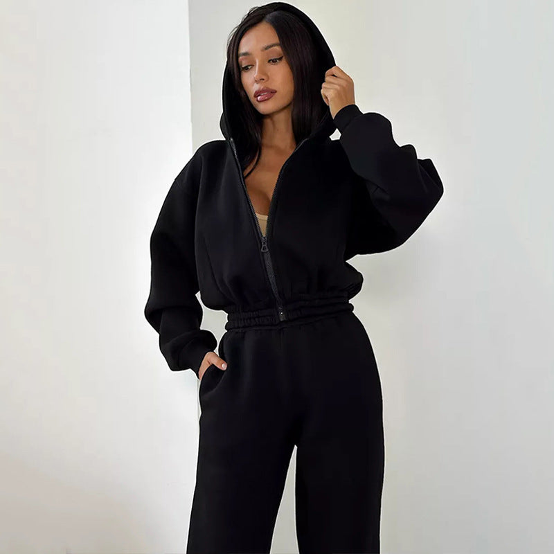 Women's Cropped-Zip-Hoodie with Balloon Sleeves and High-Cut Jogging Pants with Gathered Waistband Mune Fashion