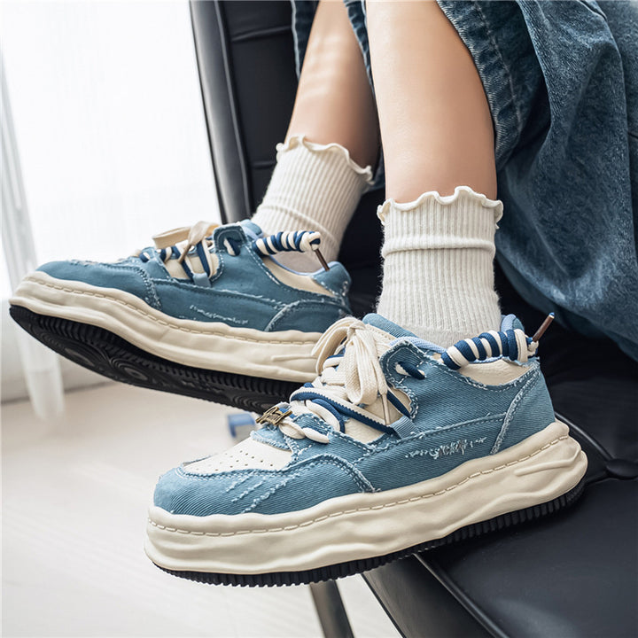 Women's denim platform sneaker with contrast stitching, padded wave sole and embellished lacing details Mune Fashion