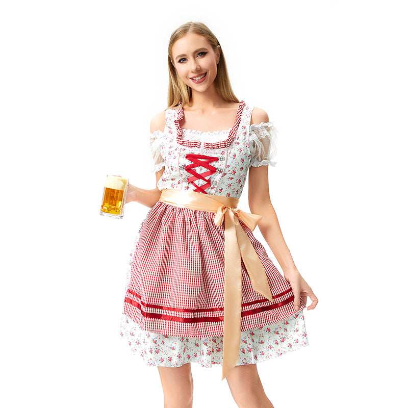 Women's traditional Oktoberfest dirndl with laced bodice, ruffles, and satin apron Mune Fashion