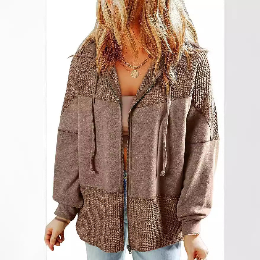 Women's Casual Oversized Hoodie Jacket with Textured Knit Inserts and Zipper Mune Fashion