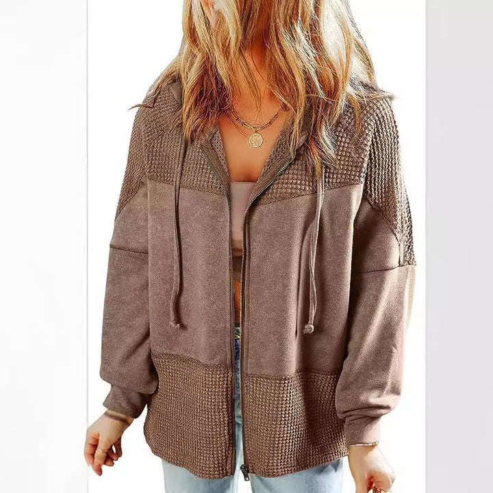 Women's Casual Oversized Hoodie Jacket with Textured Knit Inserts and Zipper Mune Fashion