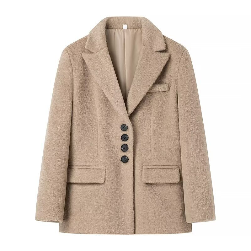 Ladies short blazer with textured faux fur look and lapel collar Mune Fashion