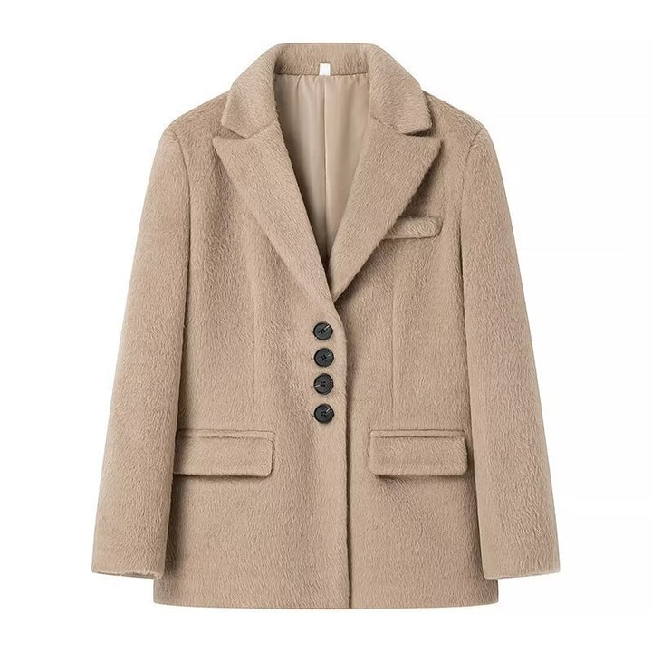Ladies short blazer with textured faux fur look and lapel collar Mune Fashion