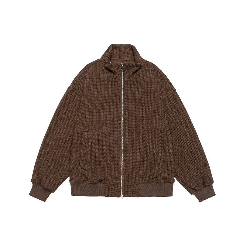 Unisex chunky knit boxy zip jacket with stand-up collar and ribbed cuffs Mune Fashion