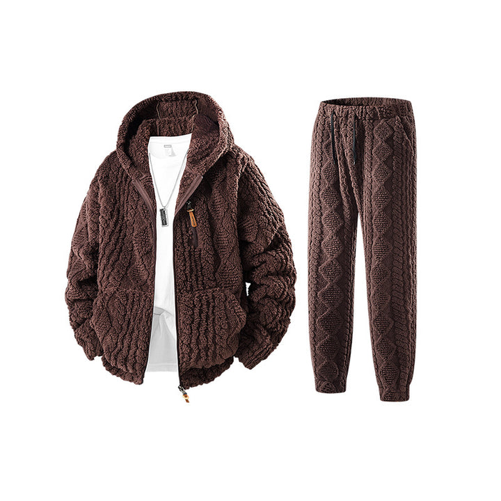Herren Kuscheliges Sherpa-Fleece Set mit Kapuzenjacke und Strick‑Optik Jogginghose Mune Fashion