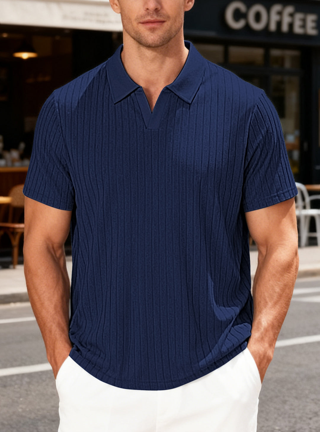 Men's Ribbed Short Sleeve Polo Shirt with V-Neck and Open Collar