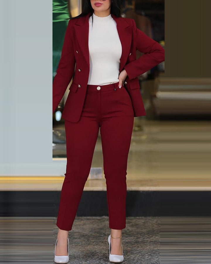 Women's tailored business pantsuit set with double-breasted blazer and tapered waistband pants Mune Fashion