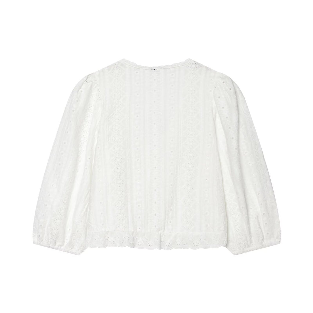 Women's cotton lace cardigan with V-neck, button placket and balloon sleeves Mune Fashion