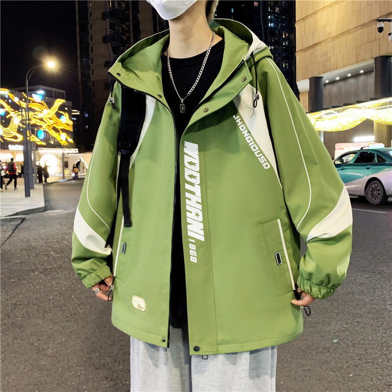 Men's Oversized Windbreaker with Hood, Sporty Front Print and Contrast Panels Mune Fashion