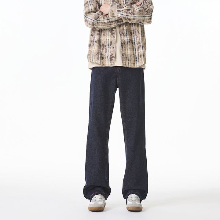 Damen High‑Waist gerade geschnittene Denim-Jeans mit weitem Bein und sichtbaren Kontrastnähten Mune Fashion
