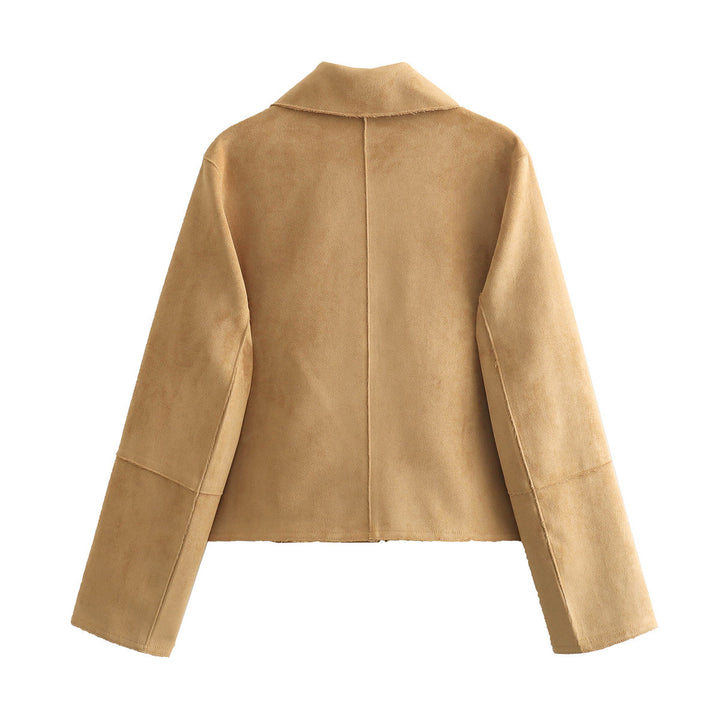 Women's faux suede cropped jacket with shirt collar and large patch pockets Mune Fashion