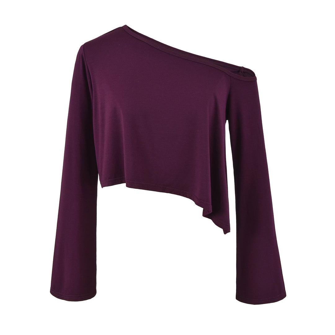 Ladies One-Shoulder Crop Top with Asymmetric Hem and Flared Sleeves Mune Fashion