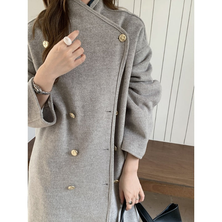 Women's Oversize Wool Blend Coat with Double-Breasted Button Placket, Stand-Up Collar and Dropped Shoulder Mune Fashion